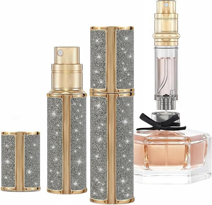 AE00GR Sparkling Travel Perfume Bottle, 5ml Mini Perfume Atomizer Sprayer, Glitter Diamond Pump Fill Perfume Bottle for Traveling, Vacation & Bussiness (Sparkling Grey)