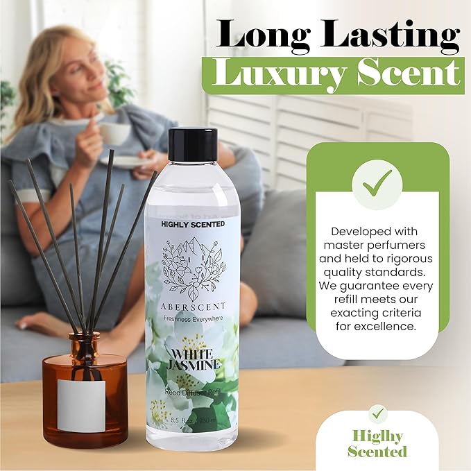 White Jasmine Aberscent Premium Reed Diffuser Oil Refill (8.5 Fl Oz/250ml) – Long-Lasting Fragrance Oil for Home, Office & Spa – Relaxing Scent, Luxury Hotel-Style Aroma