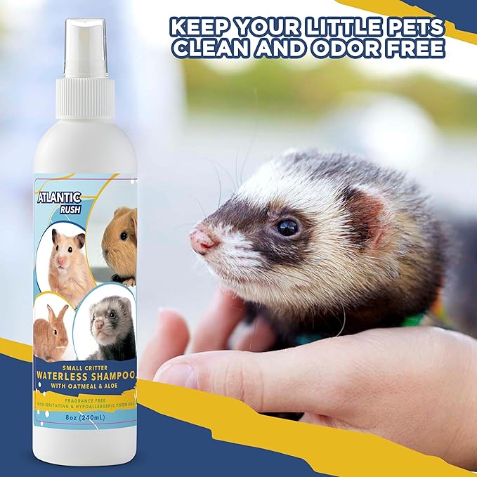 Waterless Shampoo for Small Critters - 8oz Cruelty Free Dry Shampoo - No Rinse for Pet Ferrets, Guinea Pigs, Hedgehogs, Sugar Gliders, Rabbits & Hamsters (8 oz, Fragrance Free)