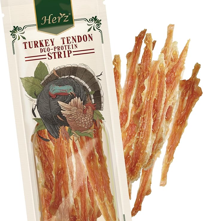 Herz Turkey Tendons for Dogs, Duo-Protein, Hypoallergenic Puppy Treats, USA-Sourced, Rawhide Free, Long Lasting Chews, Turkey Tendon & Chicken, Healthy Dog Treats for All Dogs, Strips, 3 oz Pack