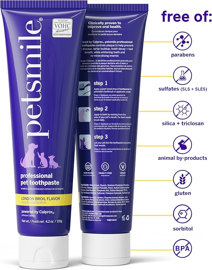 Petsmile Professional Pet Teeth Brushing Kit for Cats & Dogs- Only VOHC Accepted Toothpaste & Patented Toothbrush - Proven to Control Plaque & Tartar Calprox Formula (London Broil, 4.2 Oz)