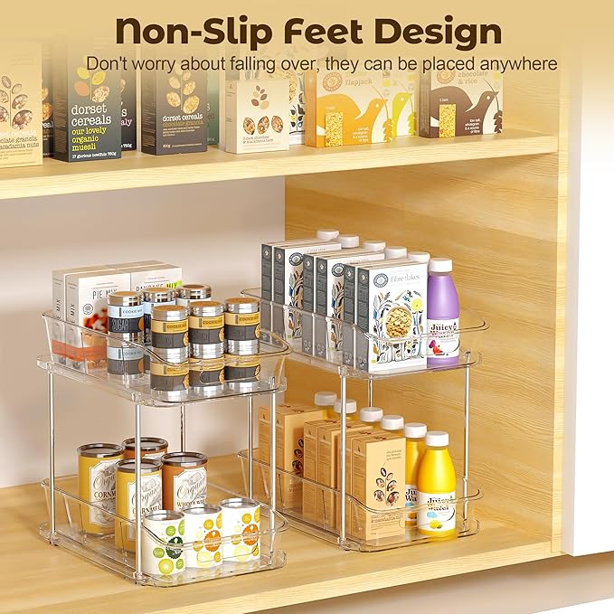 2 Tier Pull-Out Organizer for Bathroom Kitchen, Under Sink Storage with Dividers, Ideal for Cabinet, Cupboard Organization, Slide-Out Clear Storage, 2 Pack