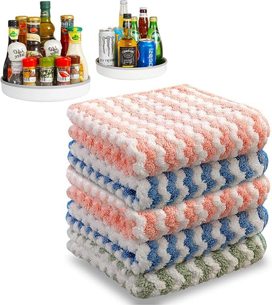 JOYMOOP Microfiber Cleaning Cloth, 5 PCS Kitchen Towels(10" x 10"), Absorbent Streak Free Lint Cleaning Cloths, Reusable and Washable Dish Rags with 12" and 10" Lazy Susan Organizer