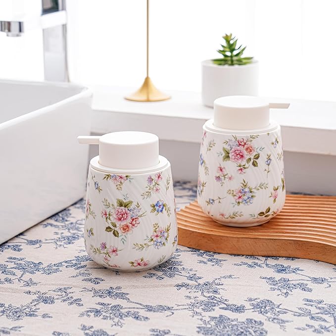 Foam soap Dispenser with Pump,13.5 oz foaming Hand soap Holder with Easy-to-Press Pump for Bathroom refillable Liquid Hand soap Dispenser (Foam-Little Flowers)