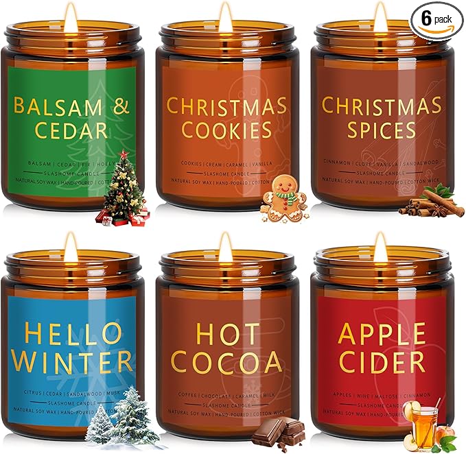 Christmas & Winter Candle Gift Set, 6 Pack 7oz Soy Scented Candles for Home, Holiday & Birthday Gift for Women & Men, Balsam Cedar, Christmas Cookies & Spices, Apple Cider, Hot Cocoa & Hello Winter