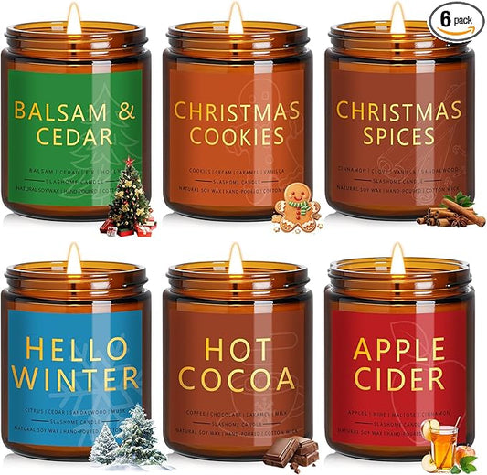 Christmas & Winter Candle Gift Set, 6 Pack 7oz Soy Scented Candles for Home, Holiday & Birthday Gift for Women & Men, Balsam Cedar, Christmas Cookies & Spices, Apple Cider, Hot Cocoa & Hello Winter