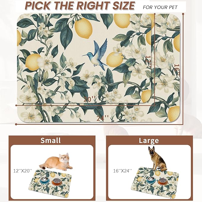 Hummingbird Dog Food Mat for Floors,Vintage Lemon Absorbent Quick-Dry Pet Feeding Mat,Cat Dog Bowl Mats for Food and Water,Non-Slip Pet Accessories Supplies 12"x20"