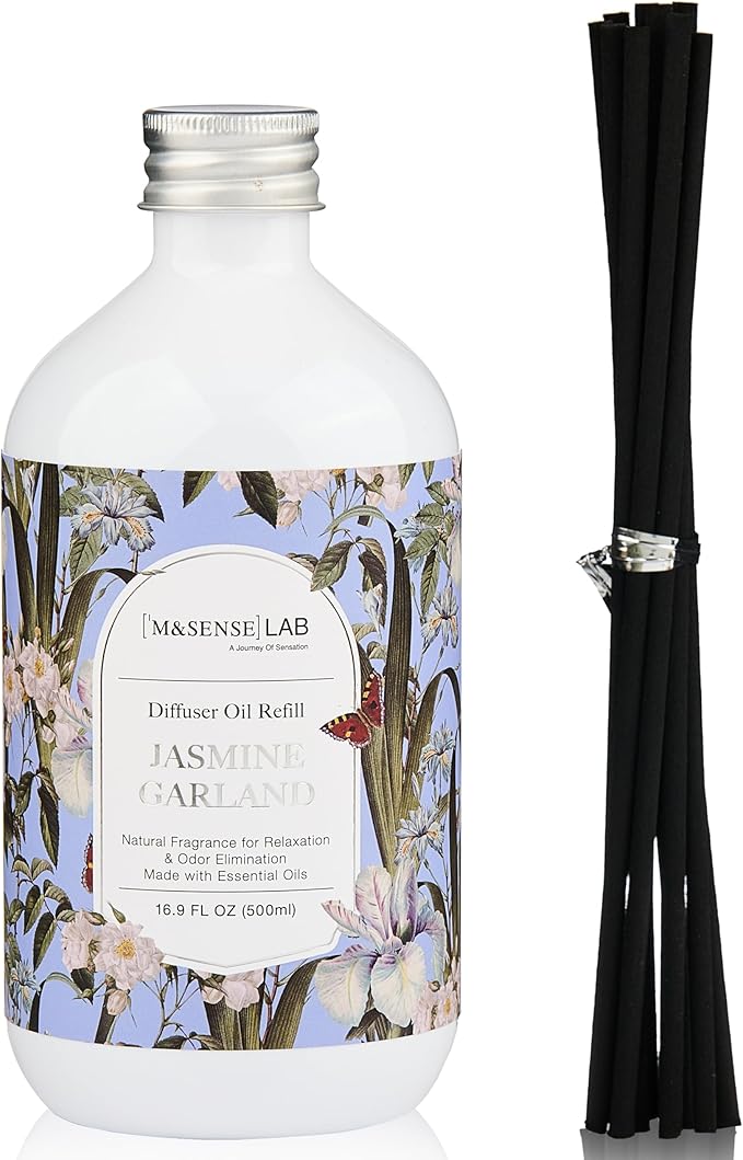 M&SENSE Reed Diffuser Oil Refill, 16.9oz (500ml) with 10 Hollow Reed Sticks, Jasmine Garland Scent Home Fragrance, Scented Oil Refills, Natural Essential Oils for Diffusers, Décor for Home Spa Office