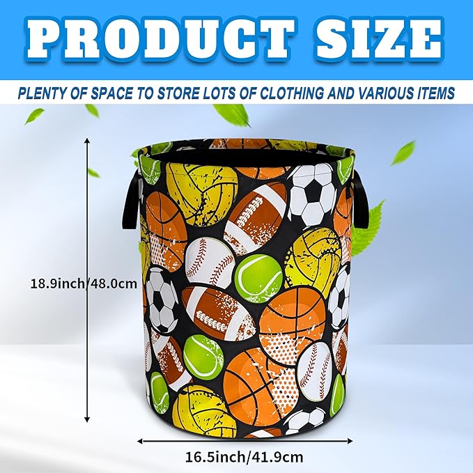 Ball Games Laundry Basket Oxford Cloth Sports Laundry Hamper With Handle Foldable Portable Clothes Storage Basket 18.9 X 16.5 In Storage Bag For Laundry Room/Bathroom/Bedroom/Dormitories