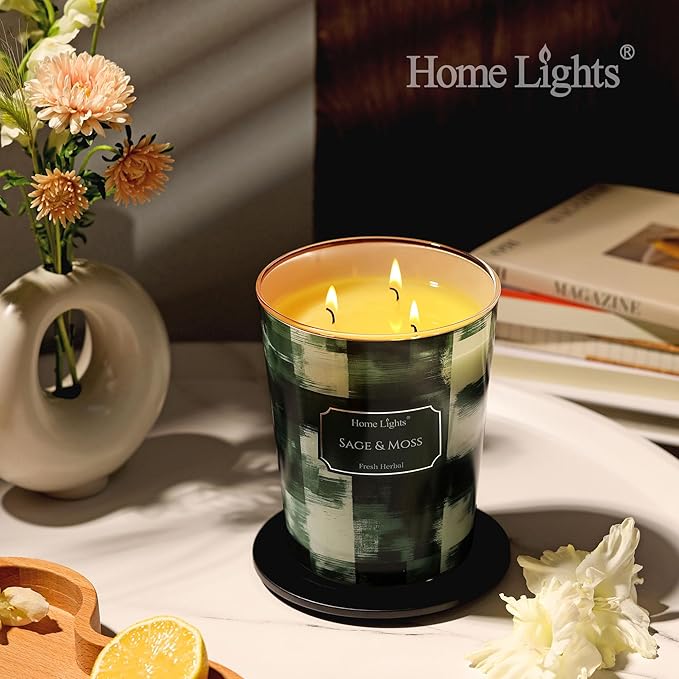 HomeLights 3-Wick Candles for Home Scented - 34oz Soy Wax Blend Candle Long-Lasting Fragrance, Scandinavian Minimalist Design Home Decor and Housewarming Gifts, Sage & Moss