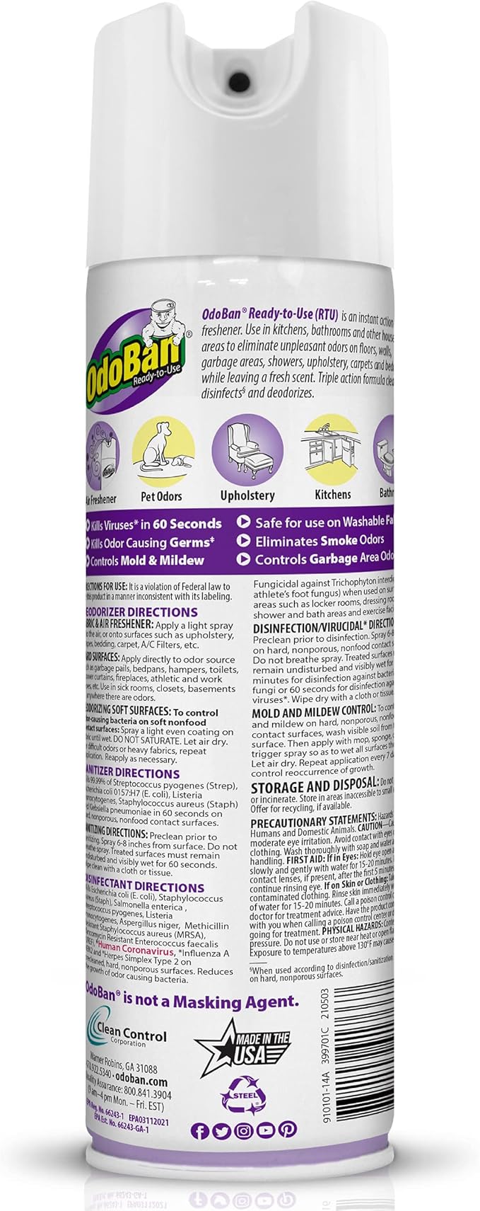 OdoBan Ready-to-Use Disinfectant and Harsh Aroma Eliminator, Cleaner and Fabric/Air Freshener, Set of 2, 14.6 Ounce 360-Degree Continuous Spray and 32 Ounce Trigger Spray, Lavender Scent