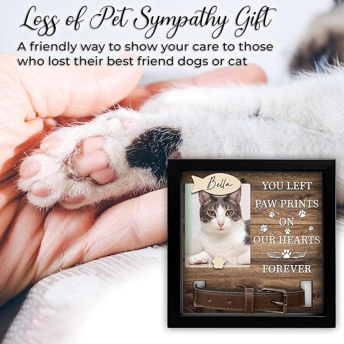 2-Sided Pet Memorial Frame with Collar Holder, Pet Memorial Ornament, Dog Cat Sympathy Card, Loss of Dog Paw Print Keychain, Remembrance Gift for Cat Lovers, Favorite Hello Hardest Goodbye PF225