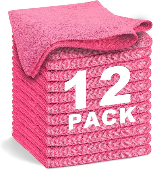 Pink Microfiber Cleaning Cloth 13"x13", Ultra Soft Absorbent Microfiber Cleaning Rags for Housekeeping Cleaning Supplies, Lint Free Reusable Cleaning Cloths for House Washable, Pack of 12