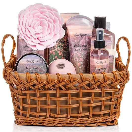 Spa Baskets For Women - Luxury Bath Set With Rose Oil & Orchid - Spa Kit Includes Wash, Bubble Bath, Lotion, Bath Salts, Body Scrub, Bath Spray, Shower Puff, Bathbombs, Soap and Towel