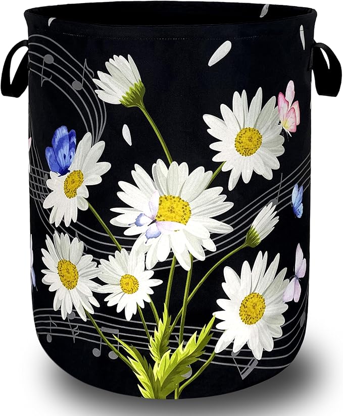 Cute Daisy Laundry Basket Foldable Floral Music Notes Laundry Hamper With Handle Oxford Cloth Portable Clothes Storage Organizer Basket 18.9"x16.5" Laundry Bag For Laundry Room/Bedroom/Bathrooms