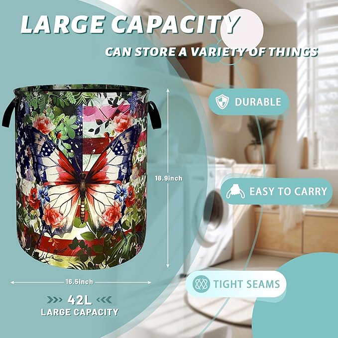 Beautiful Butterfly American Flag Laundry Basket Foldable Oxford Cloth Laundry Hamper With Handle Portable Clothes Storage Basket 18.9 X 16.5 Inch Storage Bag For Laundry Room/Bathroom/Bedroom