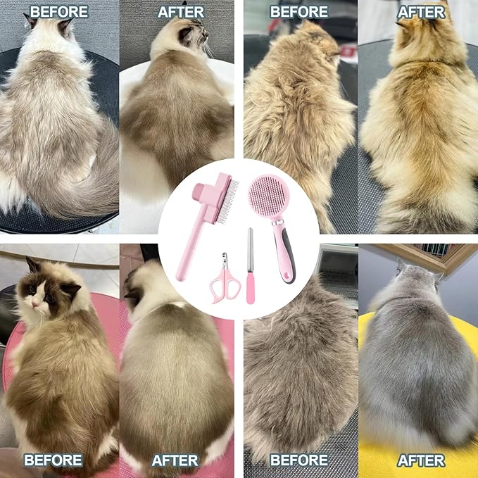 Cat Grooming Kit, 4-in-1 Cat Grooming Tools with Cats Brush, Flea Comb, Nail Clipper & Trimmer - Deshedding & Dematting for Pets Hair and Paws, Pet Shedding Set for Indoor Dogs & Cats (Pink)
