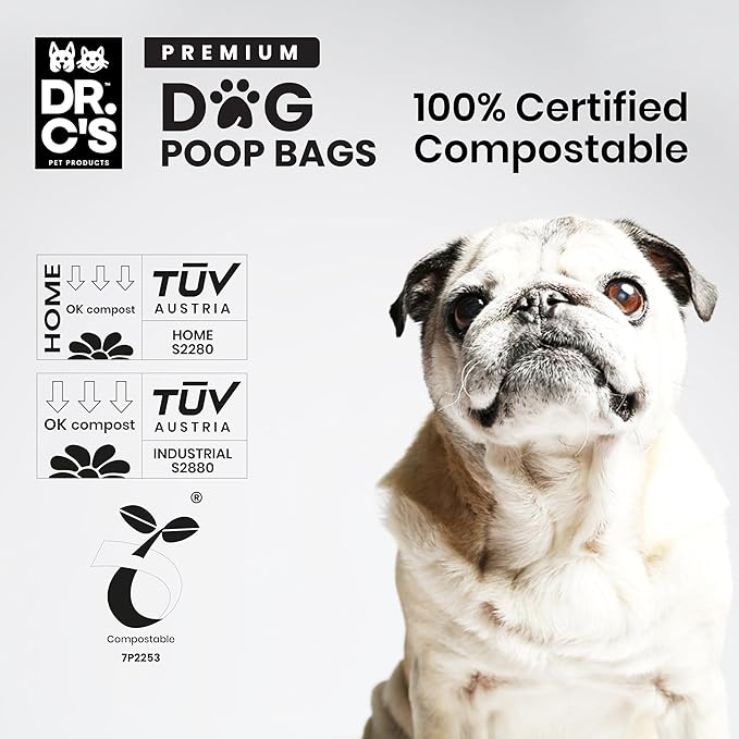 100% Certified Compostable Dog Poop Bags - Dr. C's Premium Dog Poop Bags - 120 Bags / 8 Rolls, Extra thick, Leak Proof, Unscented, Plant Based and Earth Friendly