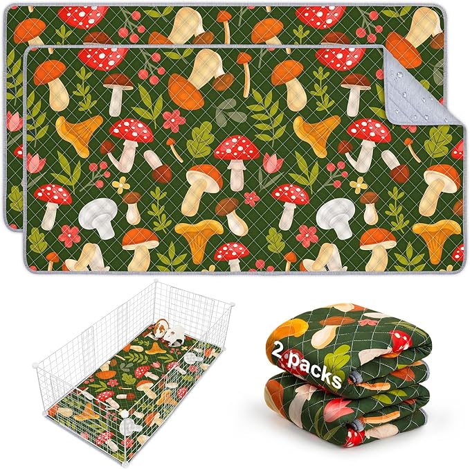 Bienbee Guinea Pig Bedding, 2 Pack 56" x 28" Reusable Guinea Pig Cage Liner Waterproof and Absorbent Small Animal Bedding Washable Guinea Pig Pee Pads for Small Pet Hamster Rabbit Squirrel, Mushroom