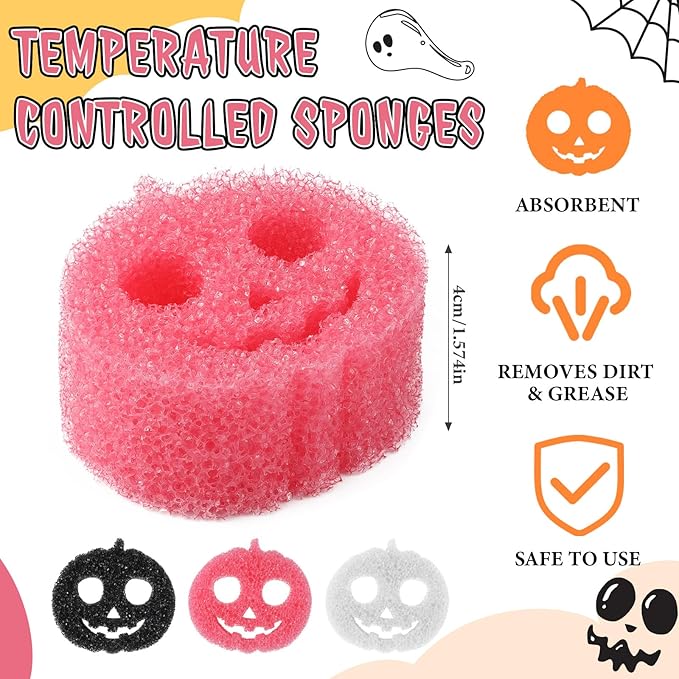 3 Pcs Dual Sided Scrub Sponge Multi Functional Cute Temperature Sensitive Non Scratch Dish Sponge for Washing Dishes Kitchen Bathroom(Halloween Pumpkin,Pink, Black, White)