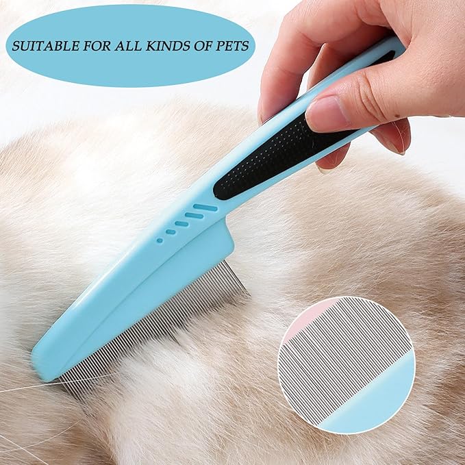 3 Pcs Flea Comb For Cats Dogs Self Cleaning Pet Hair Removal Tool Flea Lice Comb Grooming Brush For Shedding Indoor Kittens With Release Button Long And Short Stainless Steel Metal Teeth.