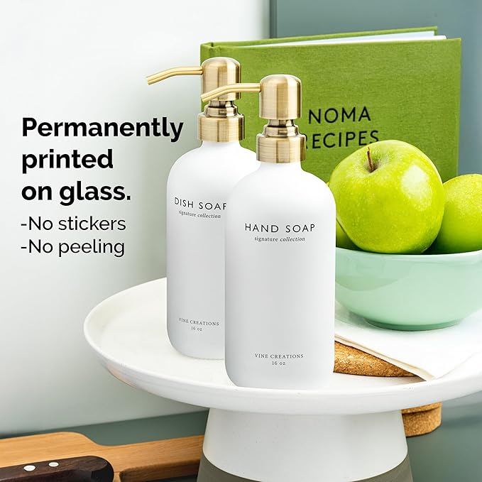 Vine Creations White Glass Soap Dispenser Set, Dish Soap and Hand Soap Dispenser Set with Stainless Steel Pump, 16 oz Glass Dispensers for Kitchen or Bathroom Decor (Matte White Bottle/Brushed Brass)