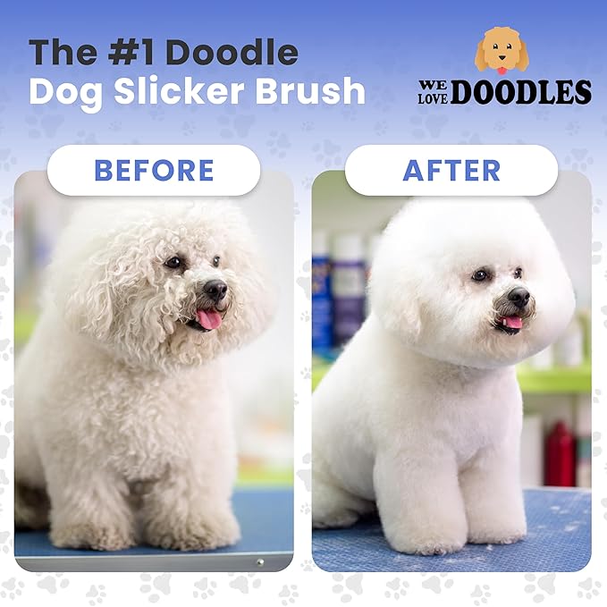 We Love Doodles Dog Slicker Brush for Grooming Pet Hair - Best Brushes For Poodle & Golden Doodle - Long Haired Brush For Dogs - Goldendoodle Long Pin Brush For Dematting (Small)