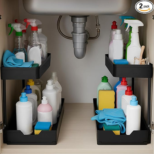 2-Pack Under Sink Organizer, 2-Tier Sliding Cabinet Storage, Under Sink Organizer with Hooks for Kitchen Bathroom Closet Pantry