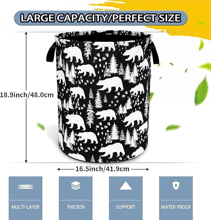 Bear Laundry Basket Forest Bear Paw Foldable Oxford Cloth Funny Tote Bag Laundry Hamper Clothes Storage Bucket Toy Organizer For Bathroom/Laundry Storage/Bedroom 18.9x16.5 Inch