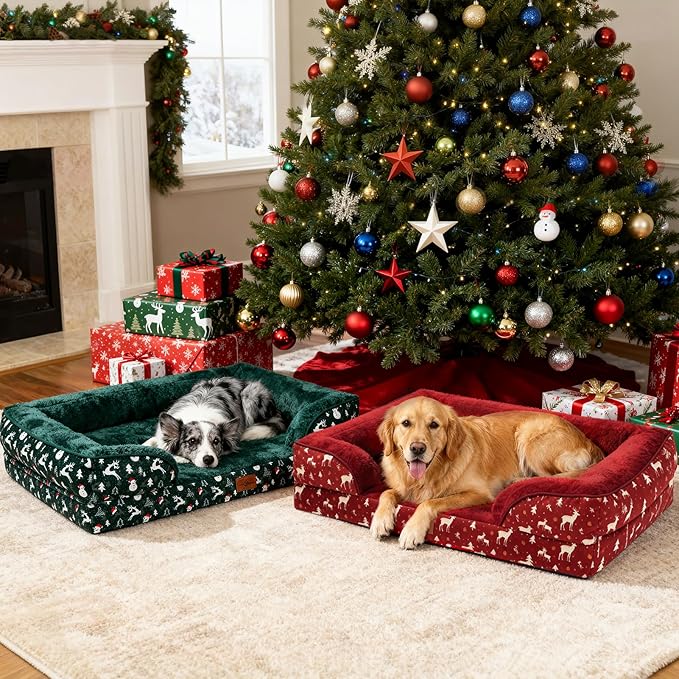 Comfort Expression Orthopedic Dog Bed for Extra Large Dogs 42x30 Inch, Waterproof Egg Crate Foam XL Pet Bed with Removable Bolsters, Dog Couch with Washable Cover & Non-Slip Bottom, Christmas Green