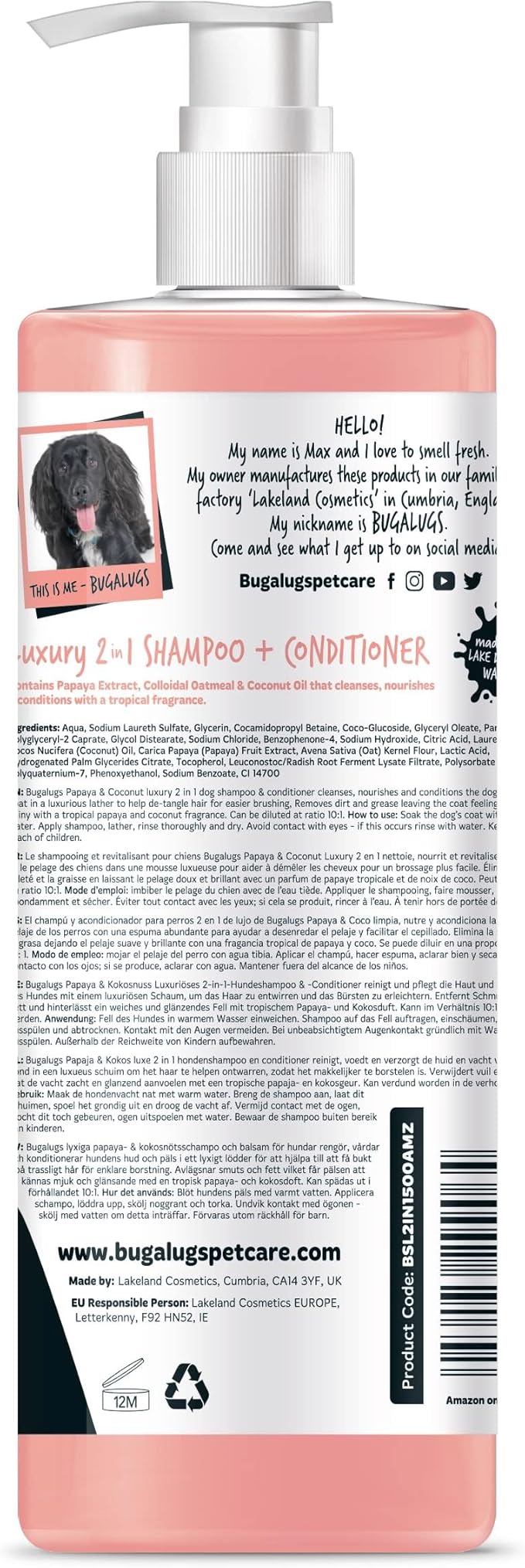 BUGALUGS Dog Shampoo Luxury 2 in 1 Papaya & Coconut Dog Grooming Shampoo Products for Smelly Dogs with Fragrance, Best Puppy Shampoo, Professional Groom Vegan pet Shampoo & Conditioner