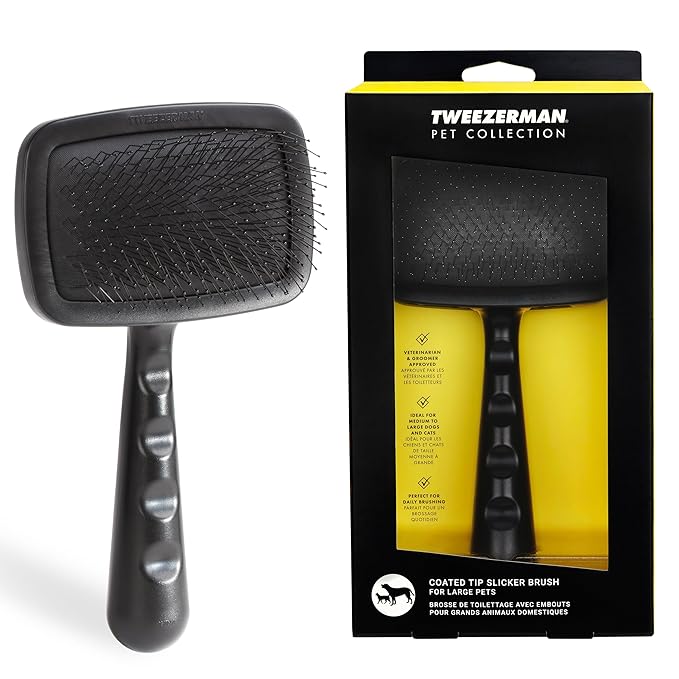 Tweezerman Dog and Cat Slicker Brush for Large Pets, Grooming Brush with Coated Bristles to Prevent Scratching and Ergonomic Handle