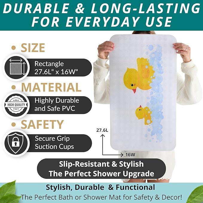 ENKOSI Non Slip Bath Mat for Tub and Shower Floors – Anti Slip Shower Mat with Strong Secure Suction Cup Grip – Rubber Duck Print for Kids and Toddlers for Inside Bathroom Bathtub (28x16 Duck)