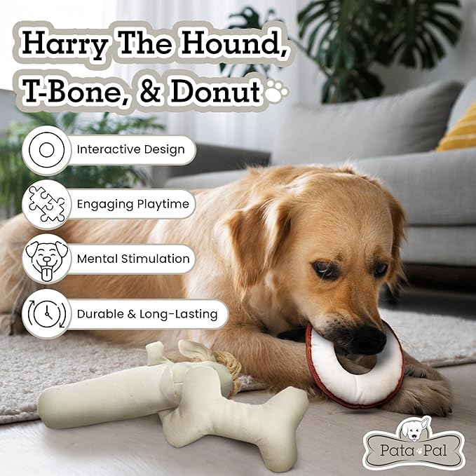 3pc Sustainable Eco-Friendly Durable Cotton Canvas Squeaky Dog Toy Set for Tough Chewers – Harry The Hound, T-Bone & Donut The Round Disk, White (Safe for Pets & Kids)