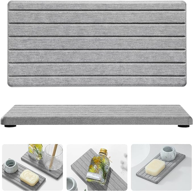 2PCS Instant Dry Diatomite Stone Counter Makeup Tray Organizer, Fast Drying Caddy Kitchen Sponge Holder Mat, Bathroom Vanity Toothbrush Bottle Dispenser Soap Dish Rack, Light Gray, 8"x 3.8"