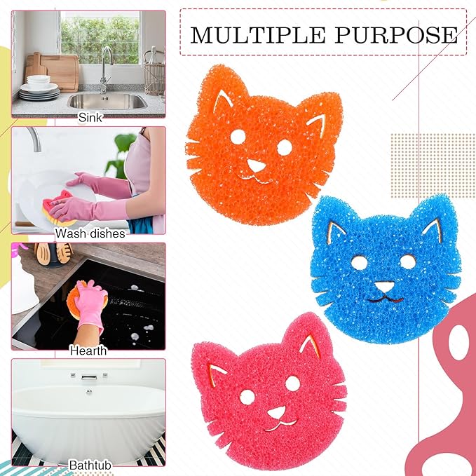 6 Pcs Cat Dual Sided Scrub Cleaning Sponges Cute Temperature Sensitive Dish Sponges for Washing Dishes Non Scratch Household Multi Use Scrubber for Kitchen, 3 Colors