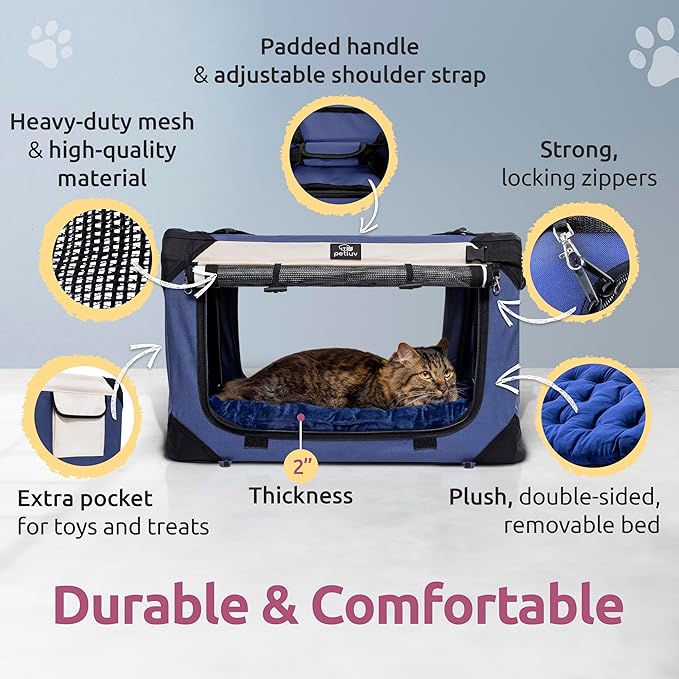 Soft-Sided Cat & Dog Pet Carrier, Medium 20"x13"x13" Fits Most Cats or Small Dog, Comfortable for Travel & Vet Visits, Privacy Windows, Removable Plush Bed, Top/Side Entry, Locking Zippers, Folds Flat