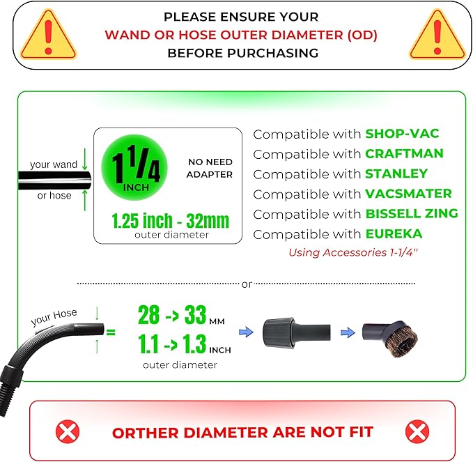1.25 Inch Vacuum Brush Attachment Kit Compatible with All Vacuums Using 1-1/4'' Accessories - 1.25 Inch Shop Vac Accessories: Horse Hair Dust Brush, Vacuum Extension Wand and More (10 Pack)