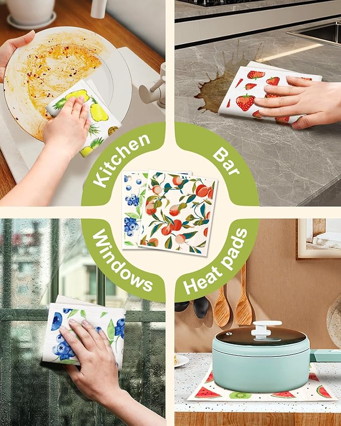 6 Pack Swedish Dishcloths for Kitchen - Reusable Dish Cloths for Washing Dishes Absorbent Cute Funny Kitchen Towels Cleaning Sponge, Lemon Fruit