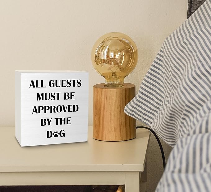 Ku-Dayi Funny Dog Wooden Box Sign, Gift for Women Pet Lovers Wood Box Decorations for Home Office, All Guests Must Be Approved By the Dog Entryway Wooden Block Plaque Desk Shelf Decor 5x5 Inch