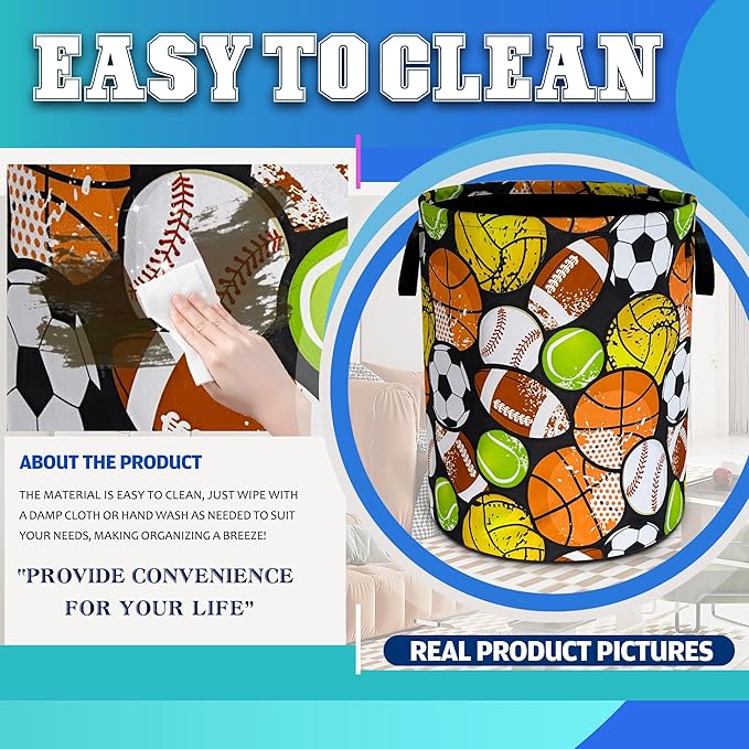 Ball Games Laundry Basket Oxford Cloth Sports Laundry Hamper With Handle Foldable Portable Clothes Storage Basket 18.9 X 16.5 In Storage Bag For Laundry Room/Bathroom/Bedroom/Dormitories