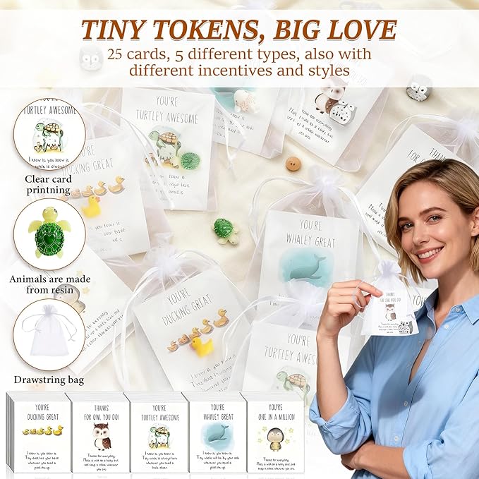 25 Set Animal Pun Note Cards, Employee Appreciation Gift Bulk for Coworkers Thank You Staff Vet Tech Week Gift, Inspirational Resin Office Pocket Gifts with Mini Animals,Cards and Organza Bags