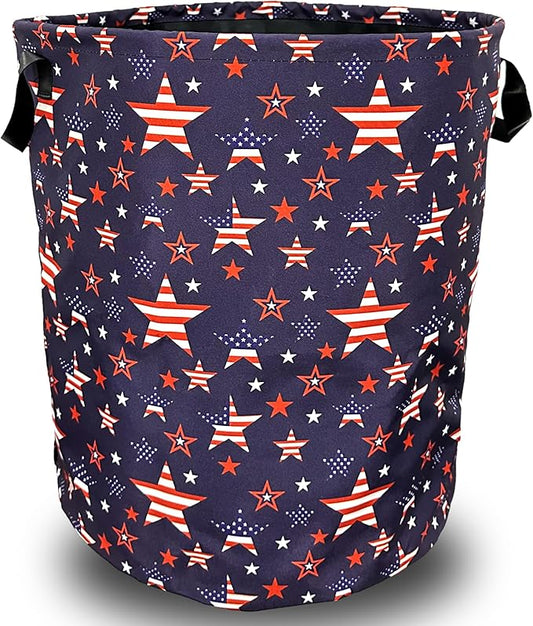 American Flag Laundry Basket Foldable With Handles US Flag With Stars Tote Bag Oxford Cloth Laundry Hamper Clothes Storage Bucket Toy Organizer 18.9"x16.5" For Bathroom/Laundry/Bedroom