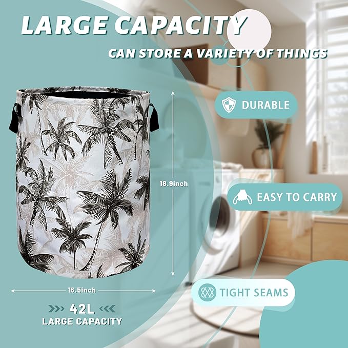 Vintage Tropical Palm Trees Laundry Basket Foldable With Handles Tote Bag Oxford Cloth Colorful Laundry Hamper 18.9"x1 6.5 "Clothe Storage Bucket Toy Organizer For Bathroom/Laundry/Bedroom