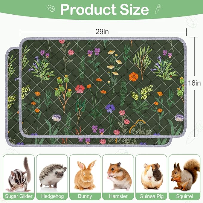 Bienbee Guinea Pig Bedding, 2 Pack 29" x 16" Reusable Guinea Pig Cage Liner Waterproof and Absorbent Small Animal Bedding Washable Guinea Pig Pee Pads for Small Pet Hamster Rabbit Squirrel,Green