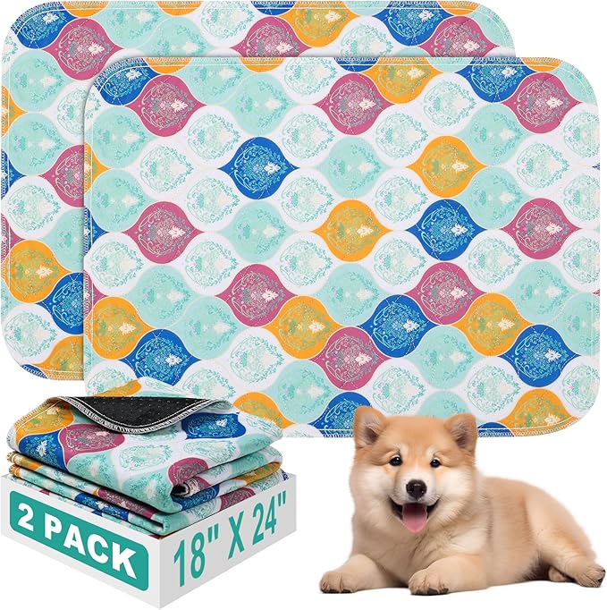 Washable Pee Pads for Dogs, Stylish Absorbent Reusable Training Dog Pads, Non-Slip and Leak-Proof Puppy Pads, Potty Pads for Crates, Whelping, Playpen, Bed and Floors, Bohemian Pattern 2 Pack 18" x24"