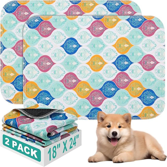 Washable Pee Pads for Dogs, Stylish Absorbent Reusable Training Dog Pads, Non-Slip and Leak-Proof Puppy Pads, Potty Pads for Crates, Whelping, Playpen, Bed and Floors, Bohemian Pattern 2 Pack 18" x24"