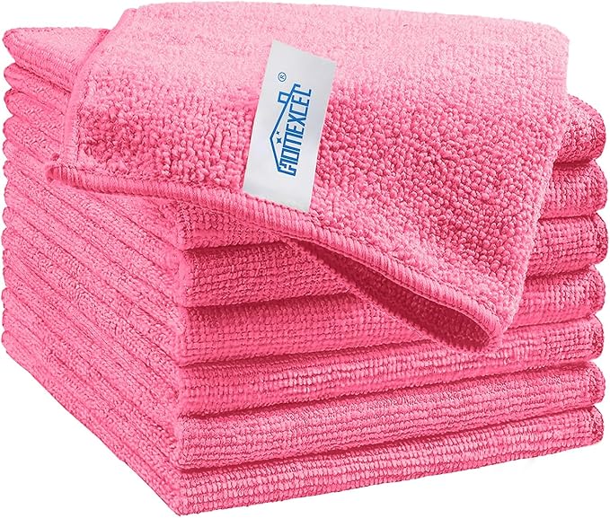 HOMEXCEL Pink Microfiber Cleaning Cloth, 8 Pack Cleaning Towels for Kitchen, Lint Free, Scratch-Free, Highly Absorbent, and Reusable Cleaning Rags for House, Window and Glass, Cars, 11.5 X11.5 inch