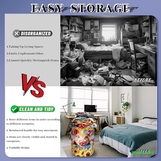 Cute Pig Laundry Basket Foldable Floral Sunflowers Animal Laundry Hamper With Handle Oxford Cloth Portable Clothes Storage Organizer Basket 18.9"x16.5" Laundry Bag For Laundry Room/Bedroom/Bathrooms