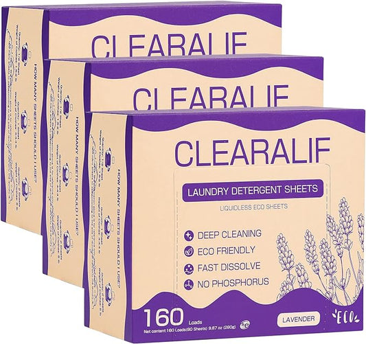 CLEARALIF Laundry Detergent Sheets, Lavender,Up to 480 Loads - Great For Travel,Apartments, Dorms,Laundry Detergent Strips Eco Friendly & Hypoallergenic (Pack of 3)